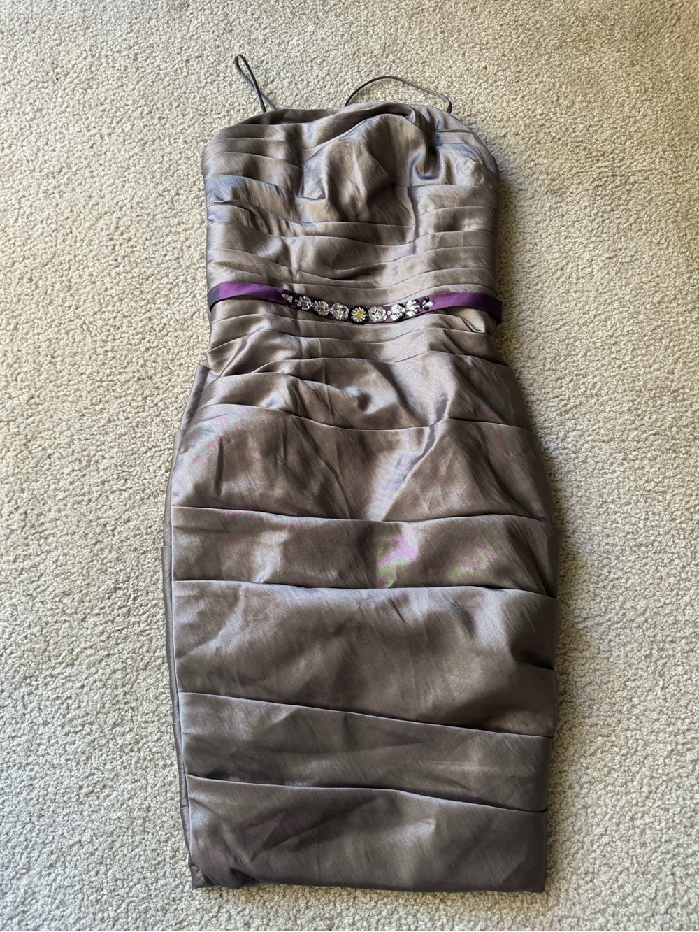 Sophia Tolli Taupe Strapless Sheath Dress with Purple Waistband bridal formal